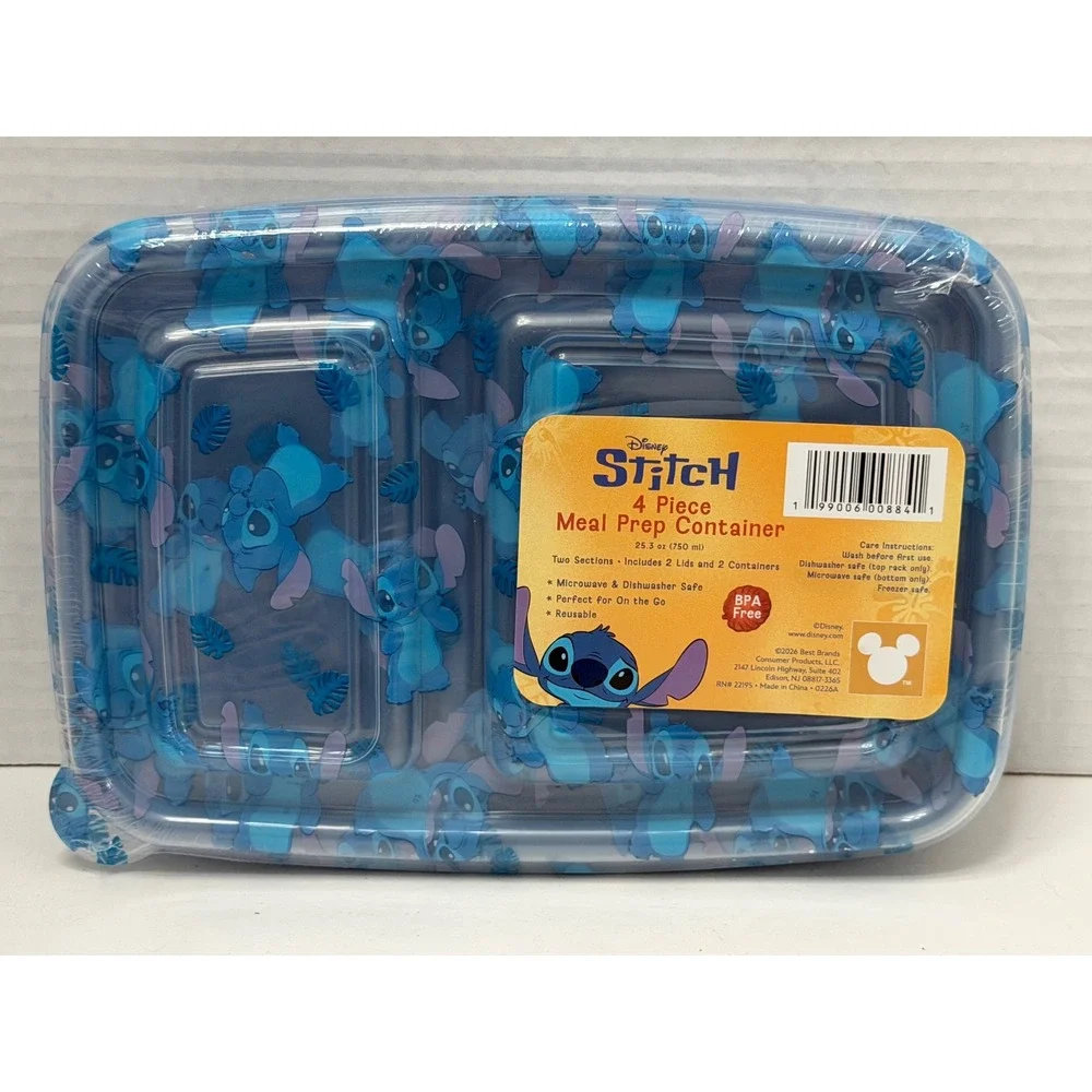 Disney Stitch 4 Piece Meal Prep Container Set 25.3oz Blue Divided Lilo & Stitch